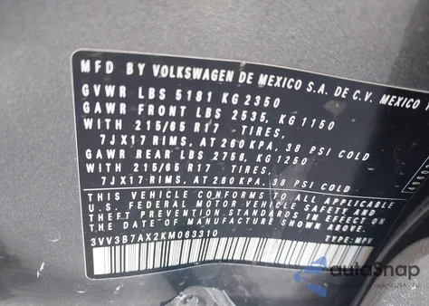 2019 Volkswagen Tiguan 2.0T Se/2.0T Sel/2.0T Sel R-Line/2.0T Sel R-Line Black из США, поврежденный, VIN 3VV3B7AX2KM063310